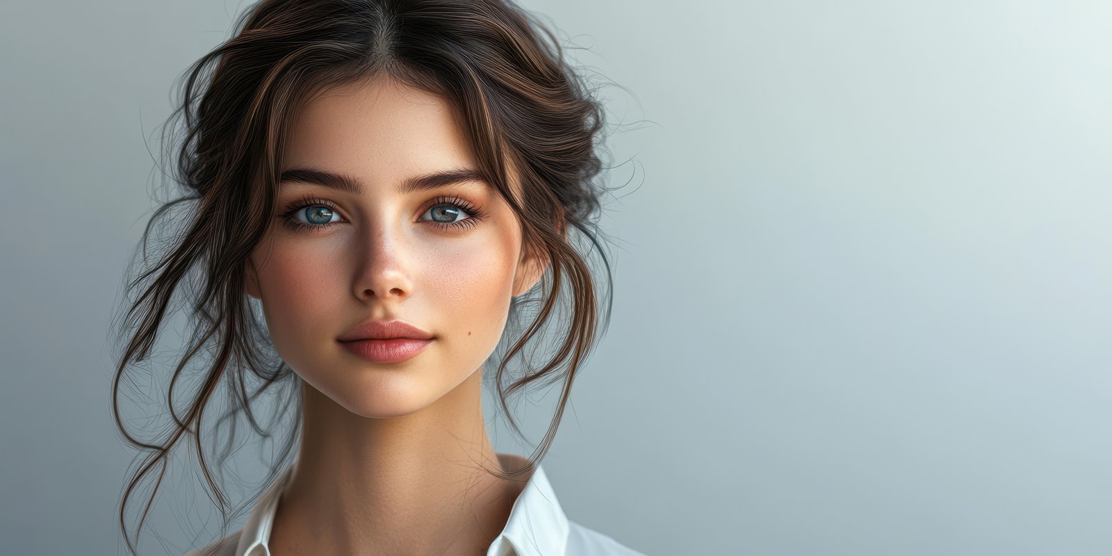 Portrait of a young woman with natural beauty and soft features in a minimalist setting during daylight hours